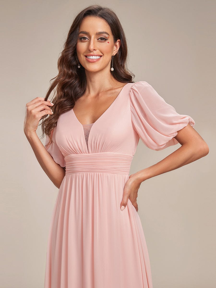 Flirty Deep V Neck A Line Half Puff Sleeves Bridesmaid Gowns
