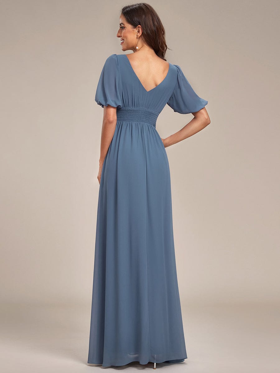 Flirty Deep V Neck A Line Half Puff Sleeves Bridesmaid Gowns