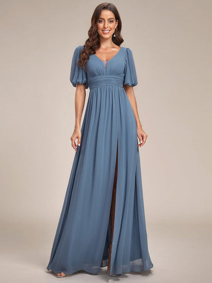 Flirty Deep V Neck A Line Half Puff Sleeves Bridesmaid Gowns