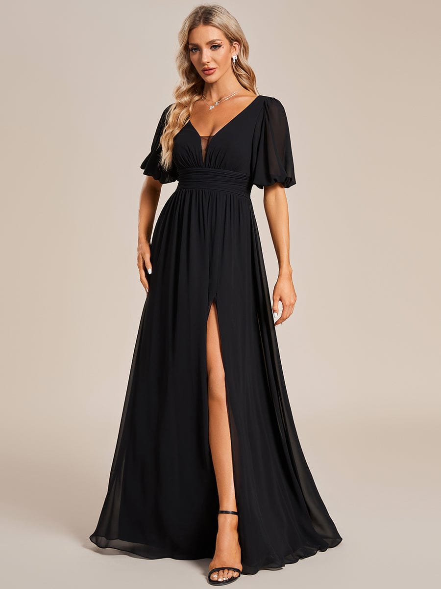 Flirty Deep V Neck A Line Half Puff Sleeves Bridesmaid Gowns