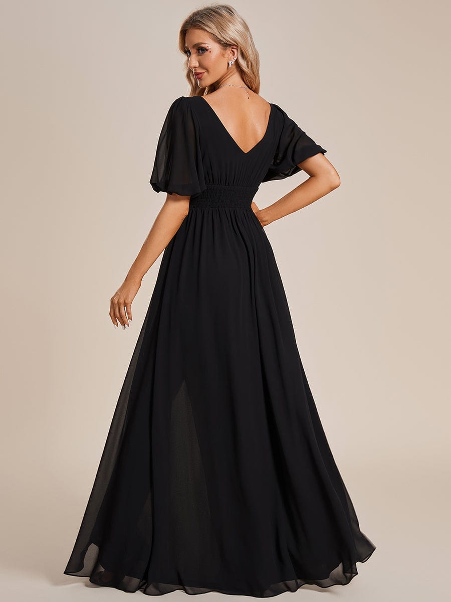 Flirty Deep V Neck A Line Half Puff Sleeves Bridesmaid Gowns