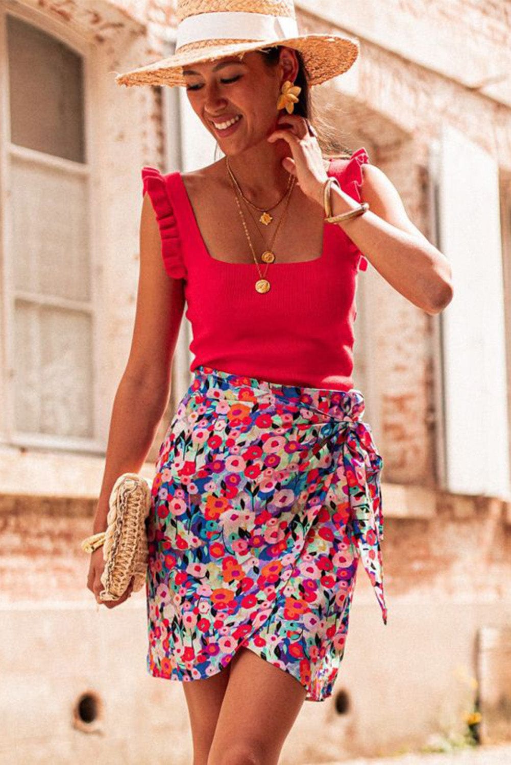 Flirty Red Floral Lace-Up Mini Skirt