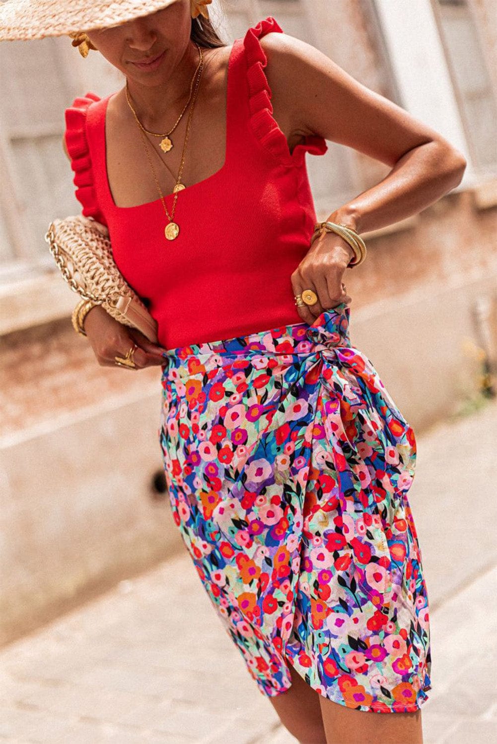 Flirty Red Floral Lace-Up Mini Skirt