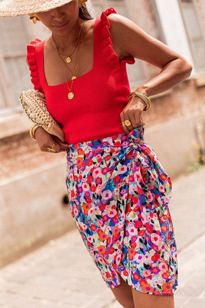 Flirty Red Floral Lace-Up Mini Skirt
