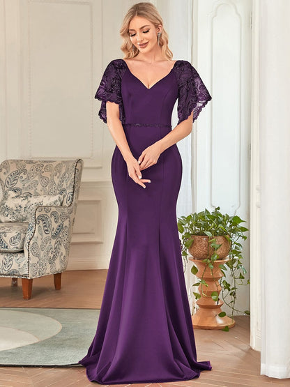 Flirty Sequined V-Neck Maxi Party Dress with Flare Sleeves