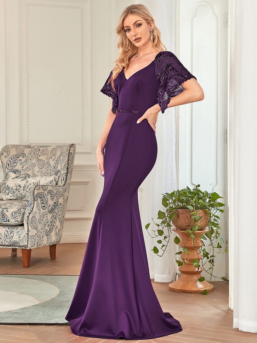 Flirty Sequined V-Neck Maxi Party Dress with Flare Sleeves
