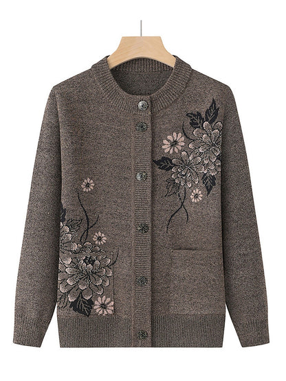 Women's Cardigan Sweater Crew Neck Ribbed Knit Polyester Button Pocket Fall Winter Outdoor Holiday Going out Stylish Casual Soft Long Sleeve Floral claret Grass Green Leather Pink XL 2XL 3XL
