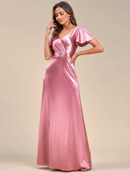 Floor-Length A-Line V-Neck Satin Evening Dress with Ruffled Sleeves