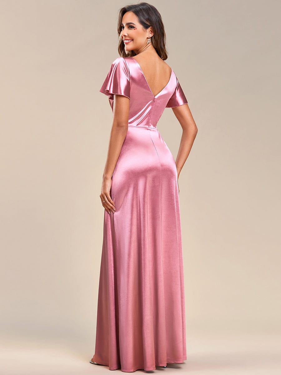 Floor-Length A-Line V-Neck Satin Evening Dress with Ruffled Sleeves