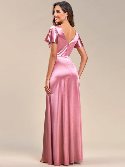 Floor-Length A-Line V-Neck Satin Evening Dress with Ruffled Sleeves