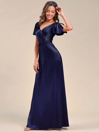 Floor-Length A-Line V-Neck Satin Evening Dress with Ruffled Sleeves