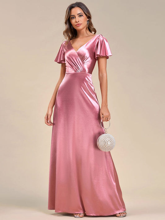 Floor-Length A-Line V-Neck Satin Evening Dress with Ruffled Sleeves