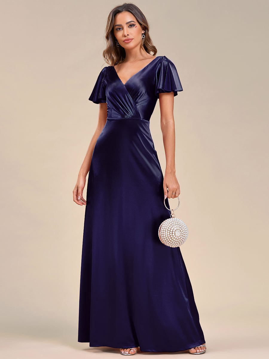 Floor-Length A-Line V-Neck Satin Evening Dress with Ruffled Sleeves