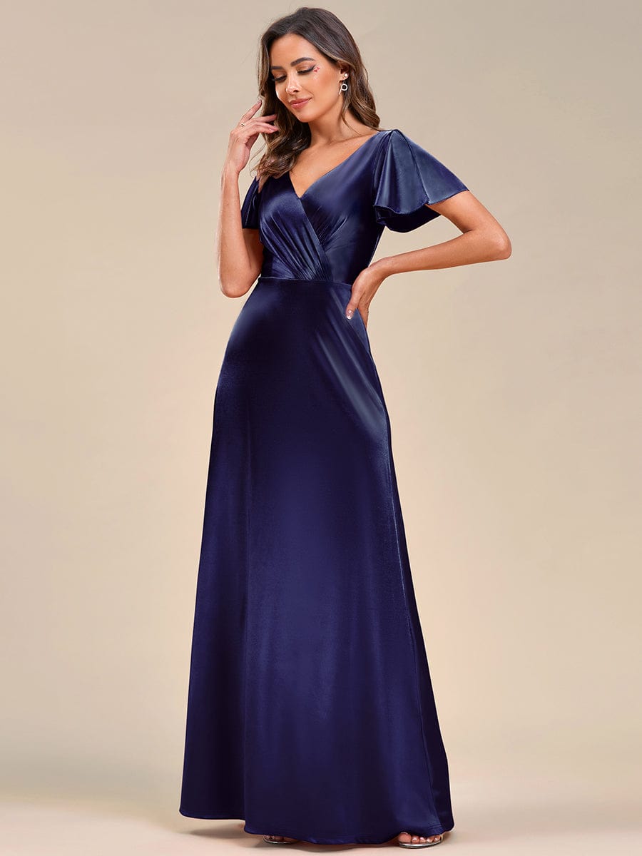 Floor-Length A-Line V-Neck Satin Evening Dress with Ruffled Sleeves