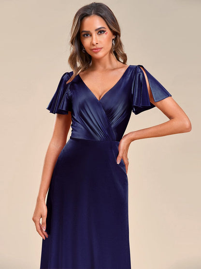 Floor-Length A-Line V-Neck Satin Evening Dress with Ruffled Sleeves