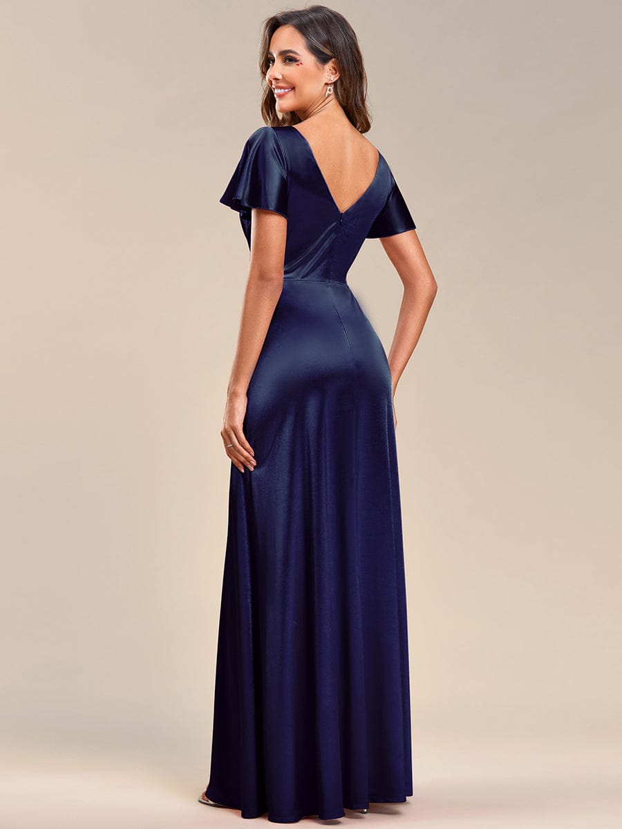 Floor-Length A-Line V-Neck Satin Evening Dress with Ruffled Sleeves