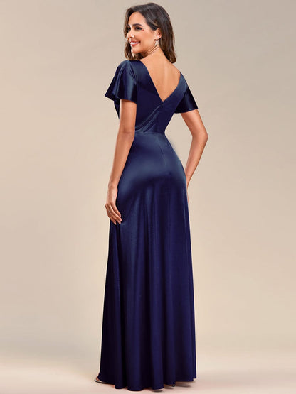 Floor-Length A-Line V-Neck Satin Evening Dress with Ruffled Sleeves
