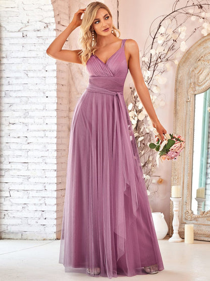 Floor Length Blush Tulle Bridesmaid Gown