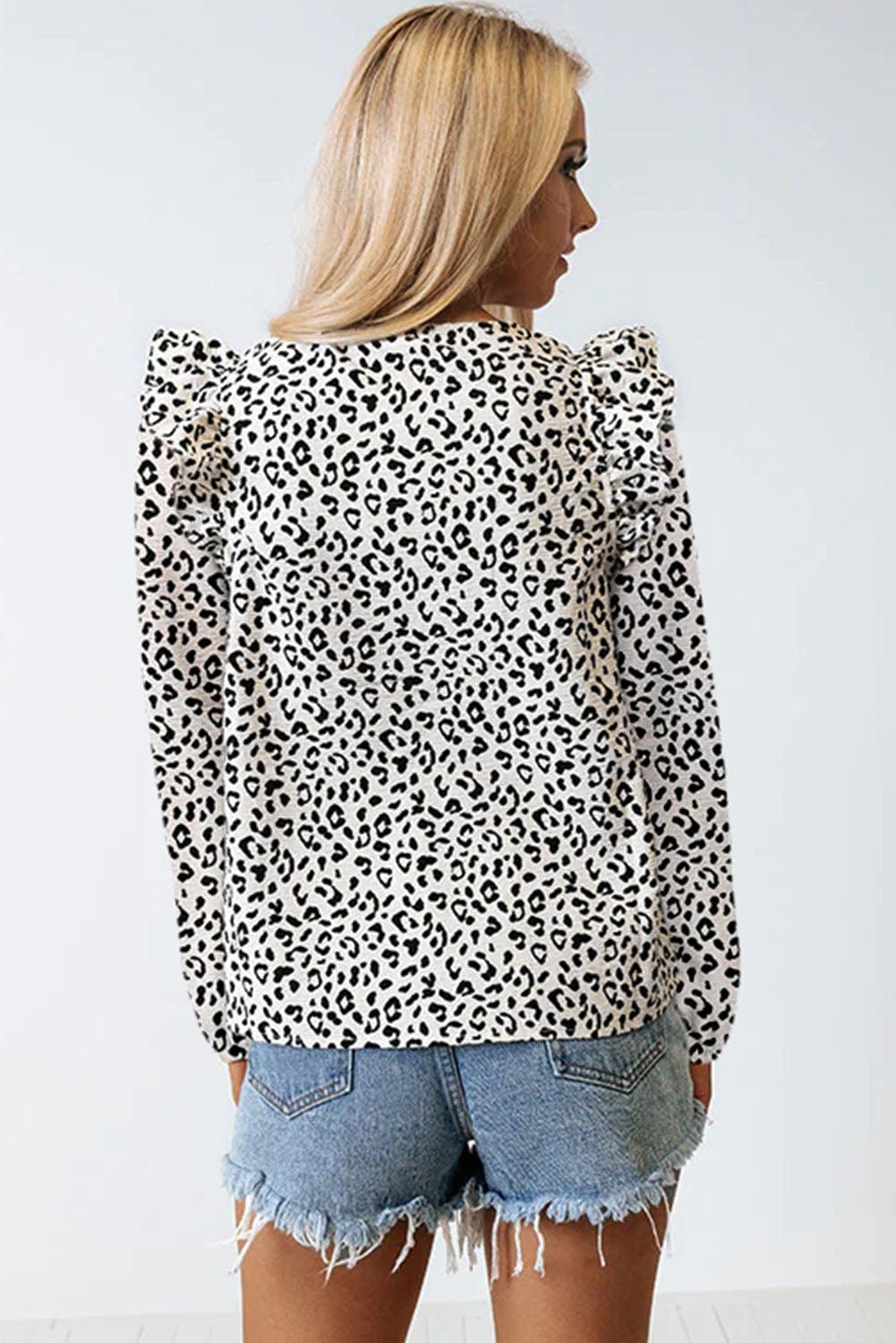 Floral Black Leopard Print Ruffle Sleeve V Neck Blouse