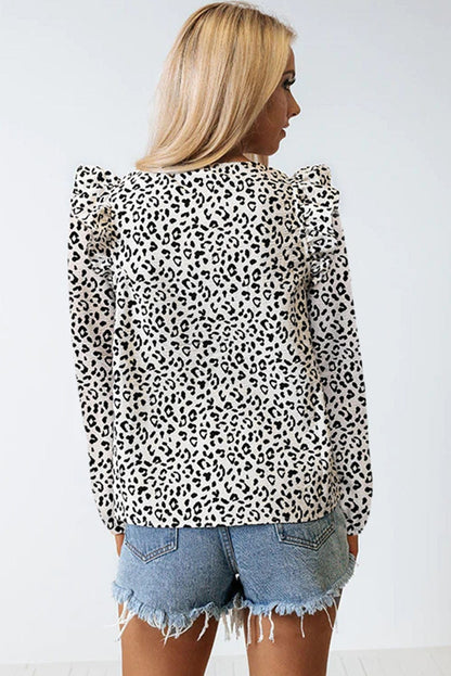 Floral Black Leopard Print Ruffle Sleeve V Neck Blouse