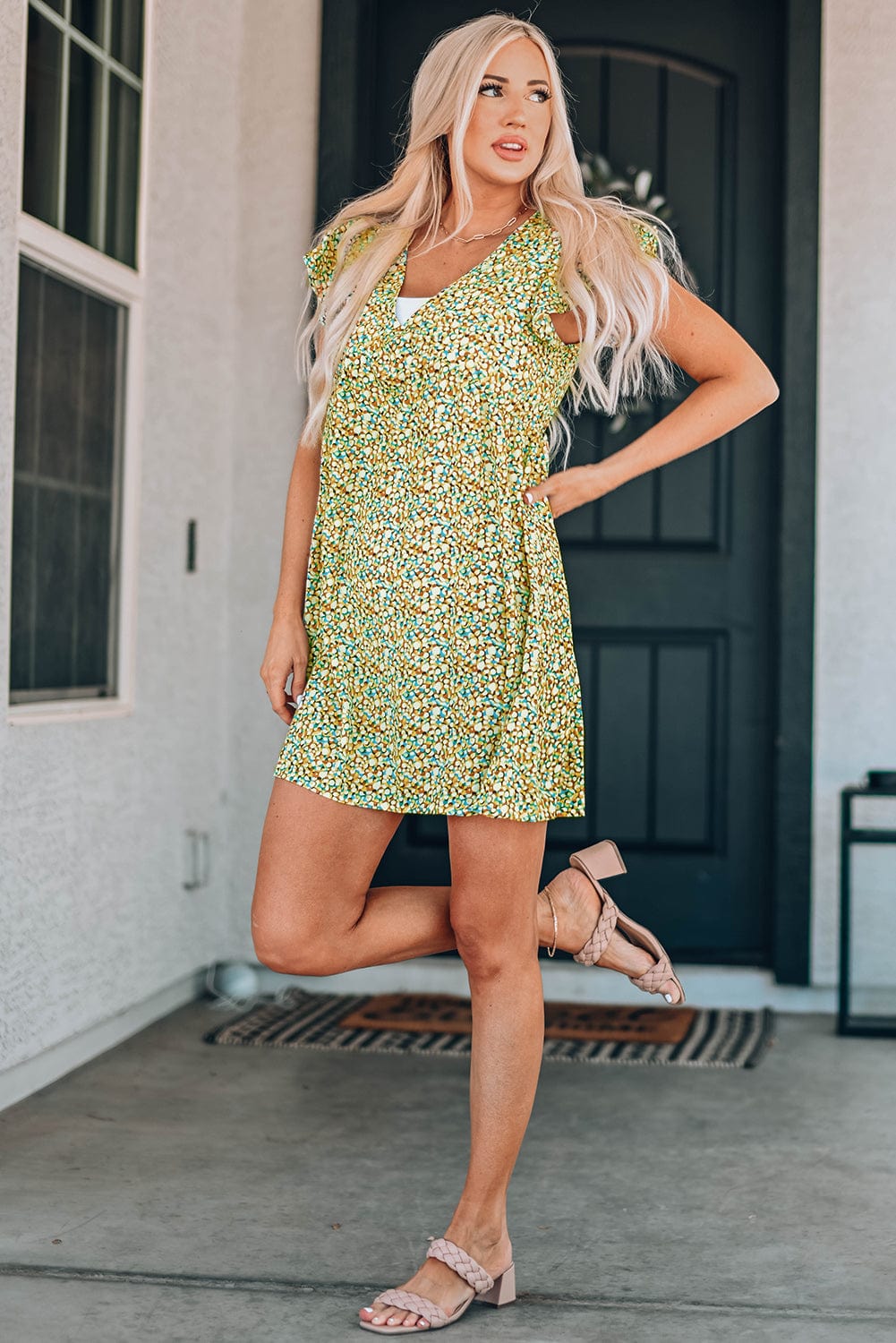 Floral Bliss Ruffle Sleeve V-Neck Babydoll Dress