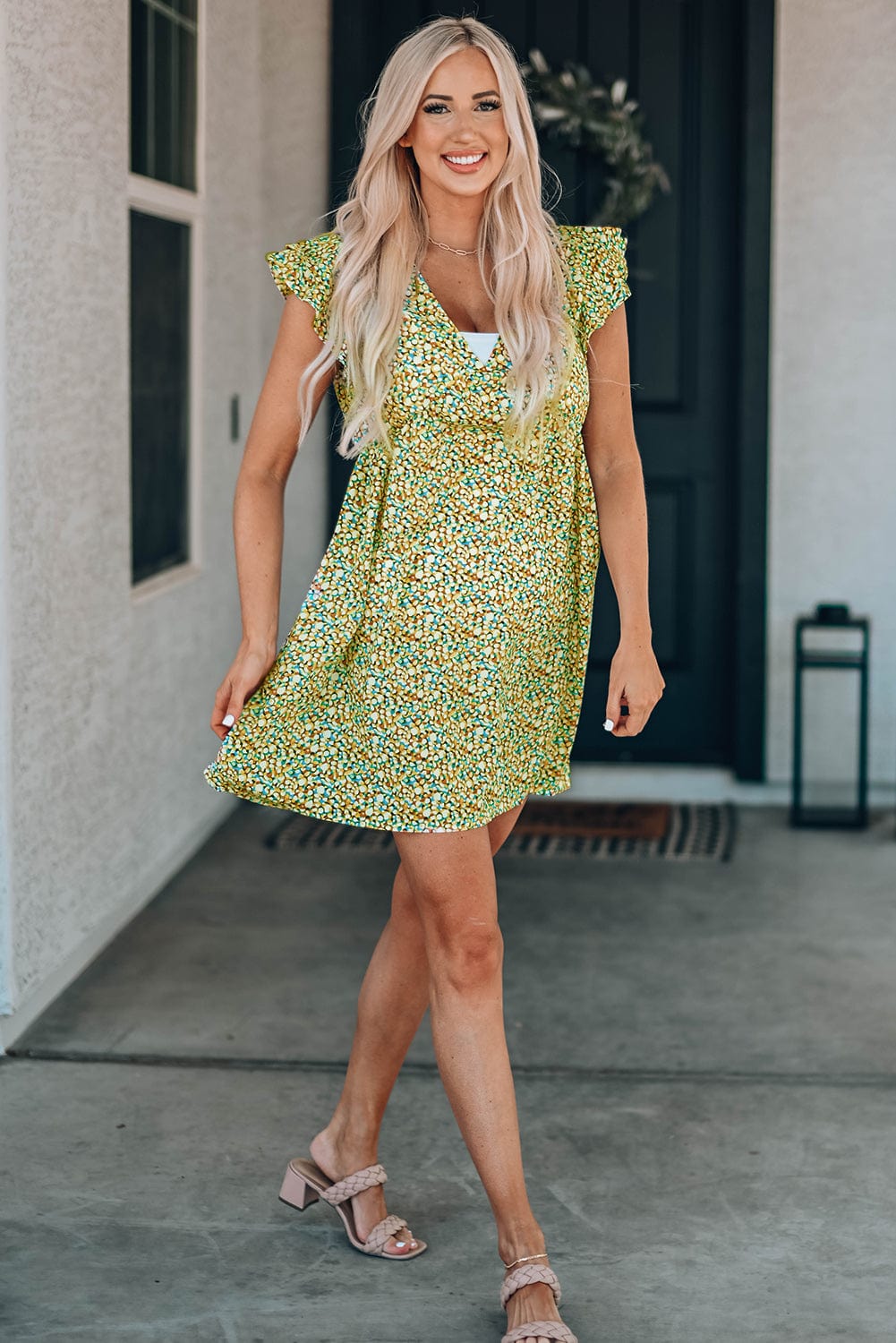 Floral Bliss Ruffle Sleeve V-Neck Babydoll Dress