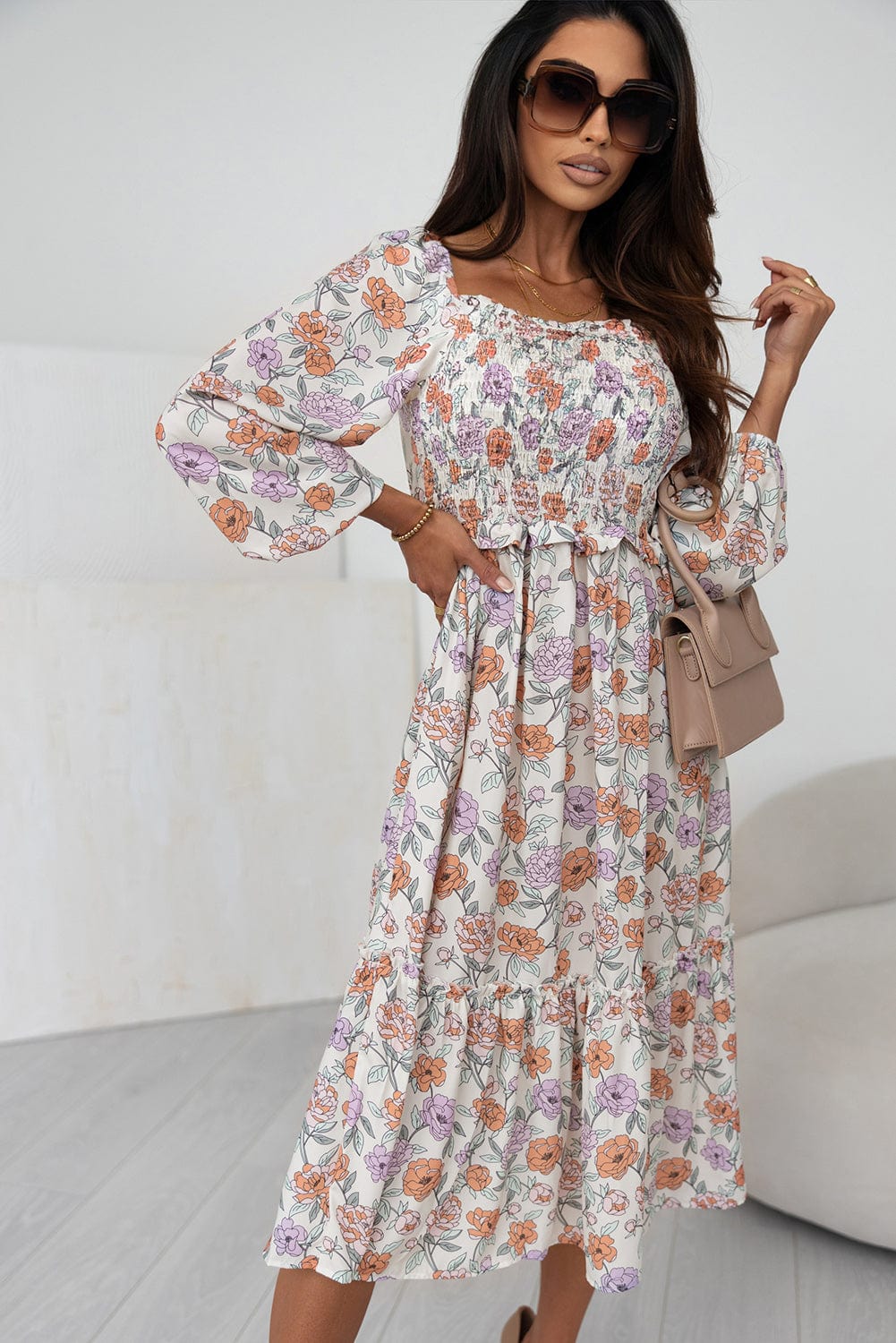 Floral Bliss Smocked A-Line Midi Dress