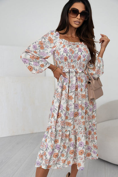 Floral Bliss Smocked A-Line Midi Dress