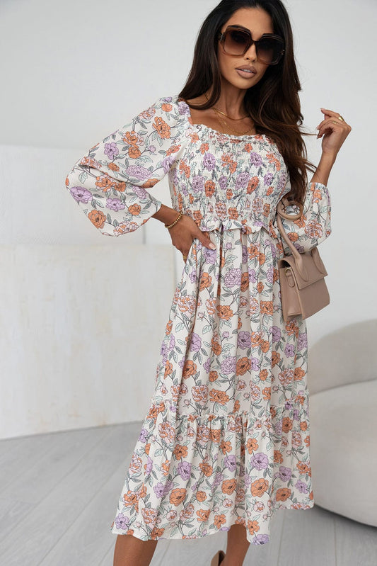 Floral Bliss Smocked A-Line Midi Dress