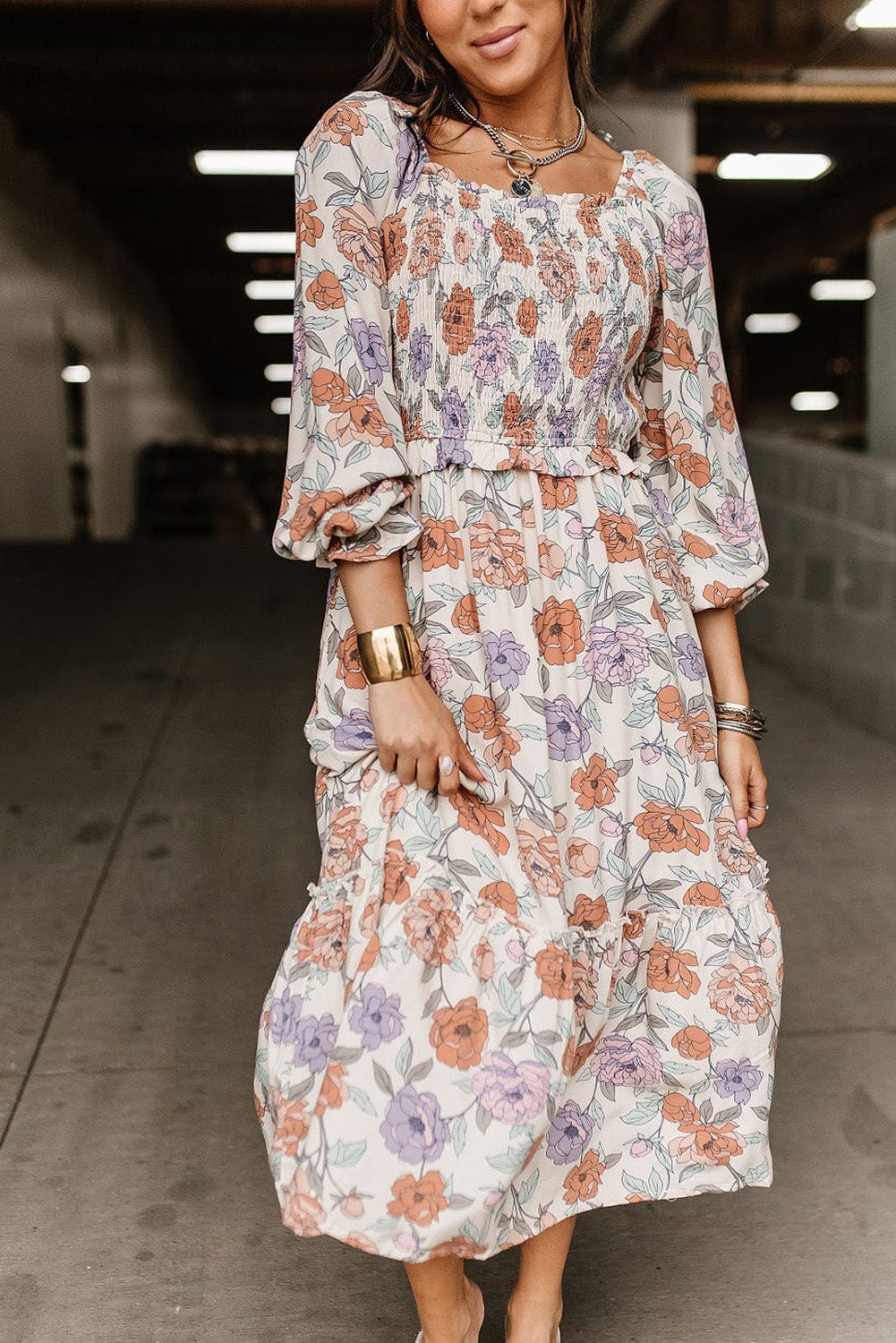 Floral Bliss Smocked A-Line Midi Dress