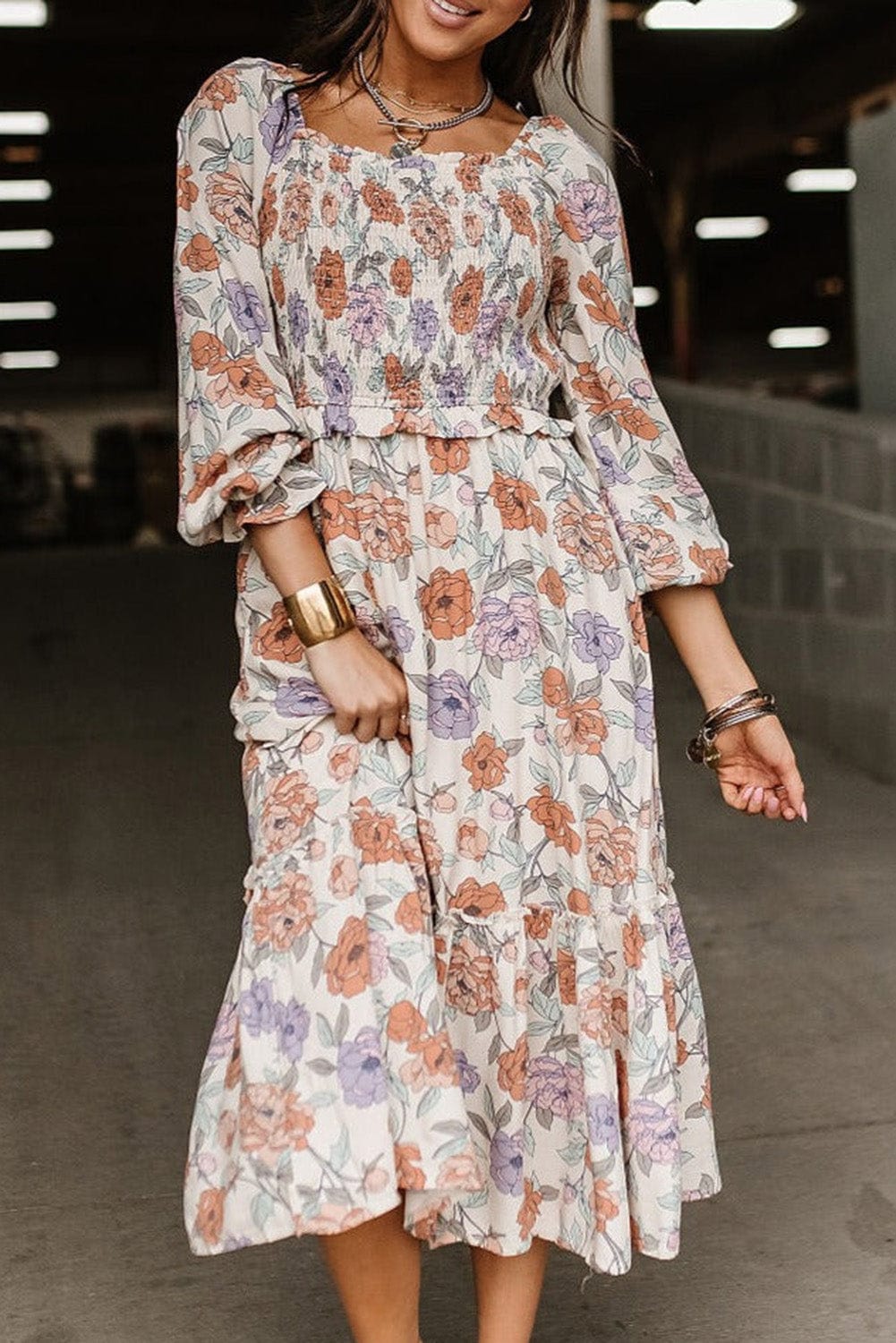 Floral Bliss Smocked A-Line Midi Dress