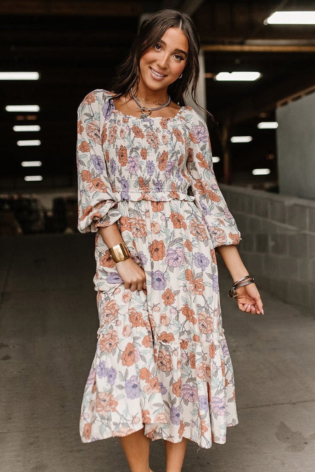 Floral Bliss Smocked A-Line Midi Dress