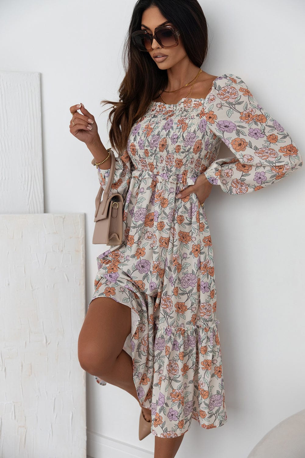 Floral Bliss Smocked A-Line Midi Dress