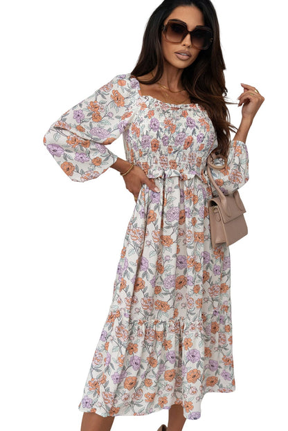 Floral Bliss Smocked A-Line Midi Dress