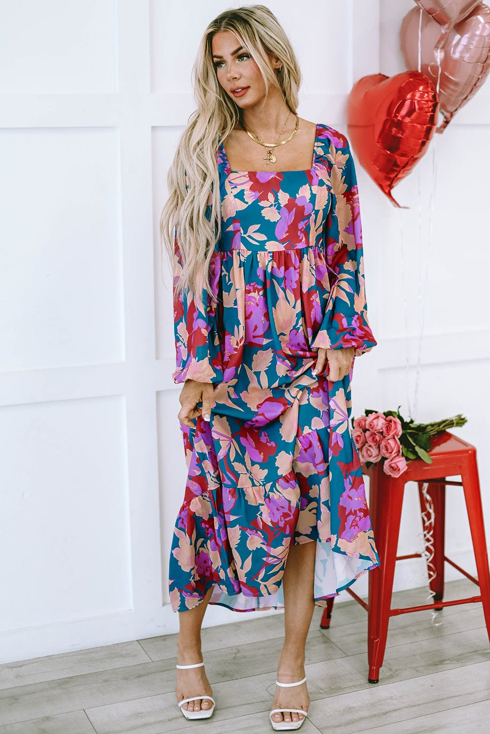Floral Bliss Square Neck High Waist Midi Dress