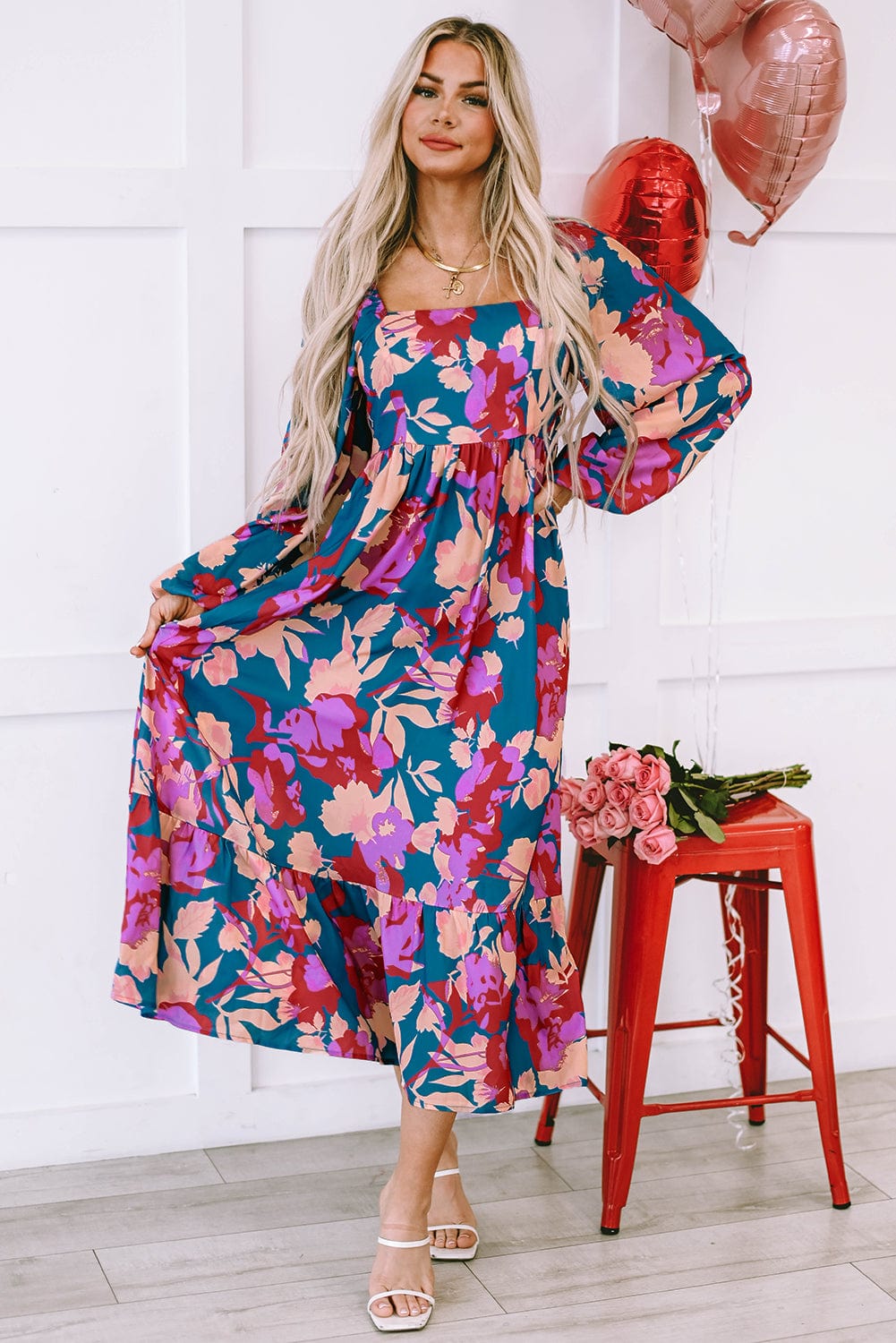 Floral Bliss Square Neck High Waist Midi Dress