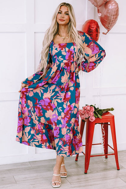 Floral Bliss Square Neck High Waist Midi Dress