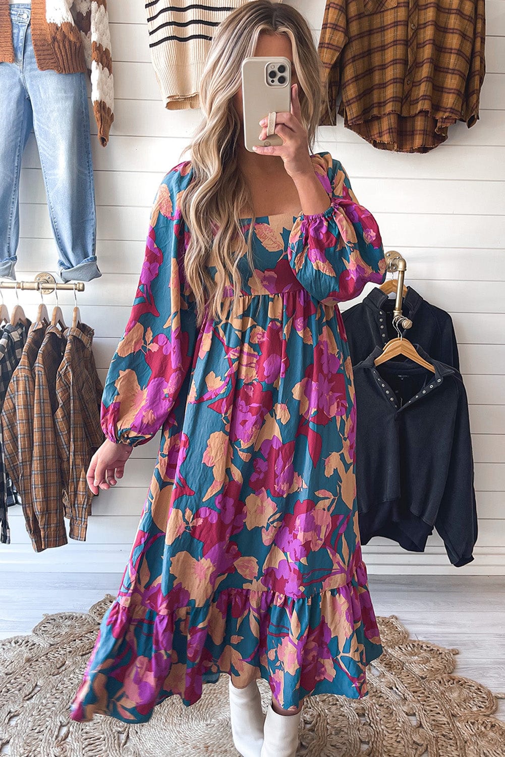 Floral Bliss Square Neck High Waist Midi Dress