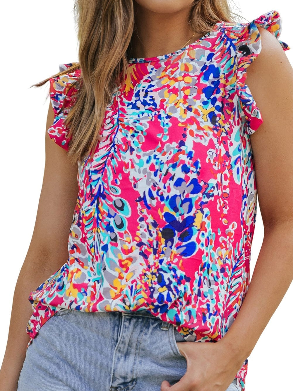 Floral Bloom Ruffle Sleeve Tank Top for Boho Chic Summer Style