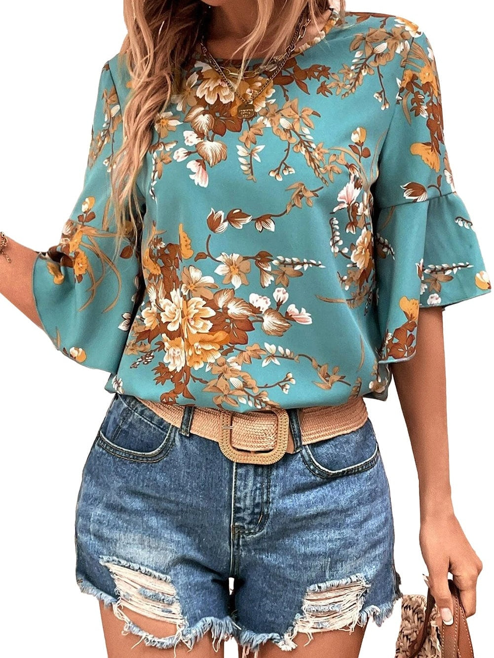 Floral Blossom Flare Sleeve Blue Top