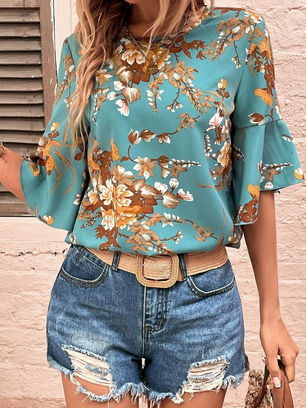 Floral Blossom Flare Sleeve Blue Top