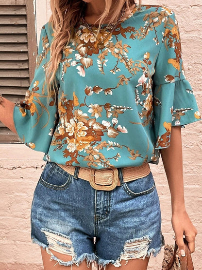 Floral Blossom Flare Sleeve Blue Top