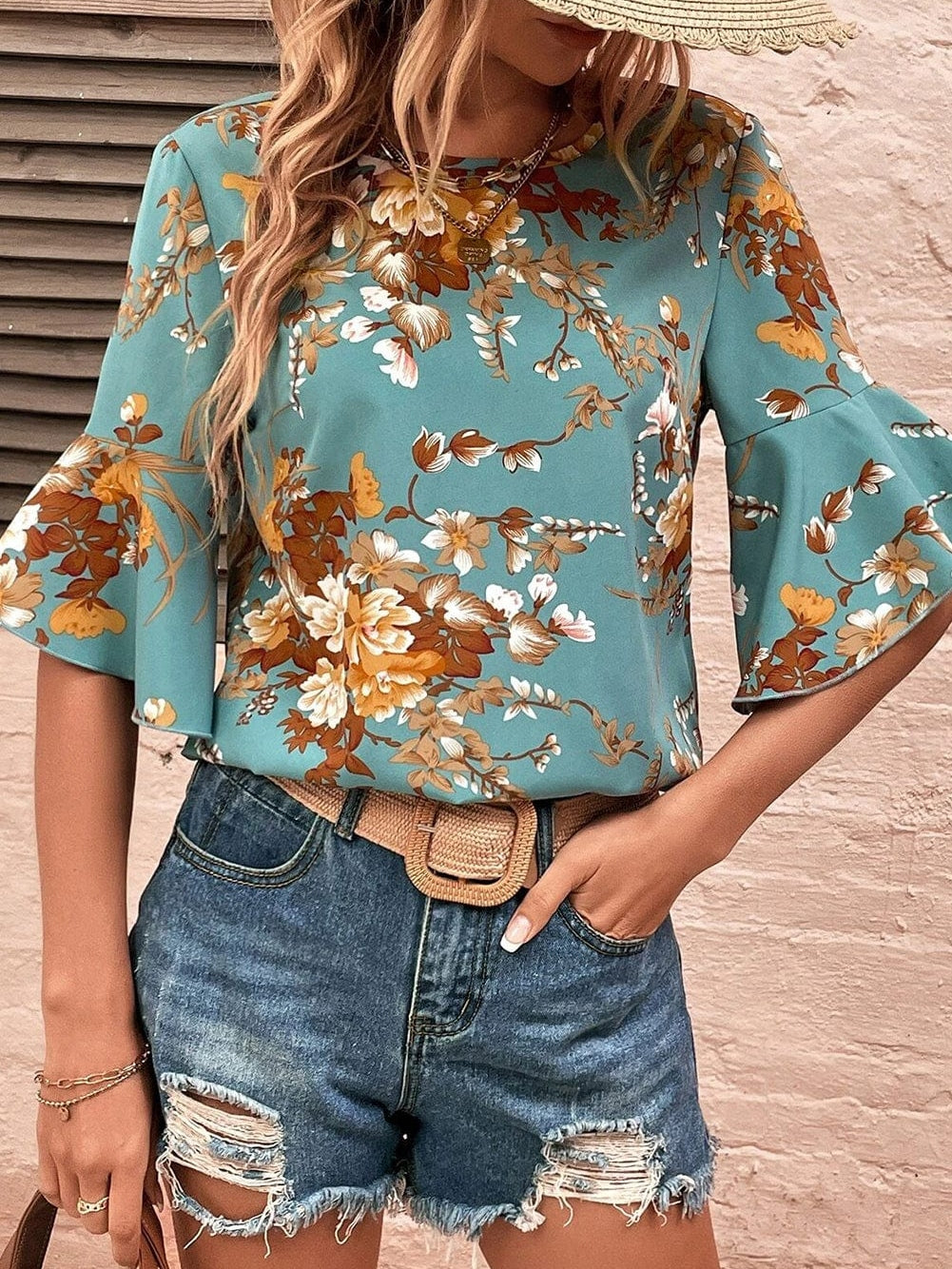 Floral Blossom Flare Sleeve Blue Top