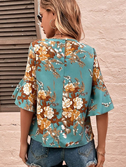 Floral Blossom Flare Sleeve Blue Top