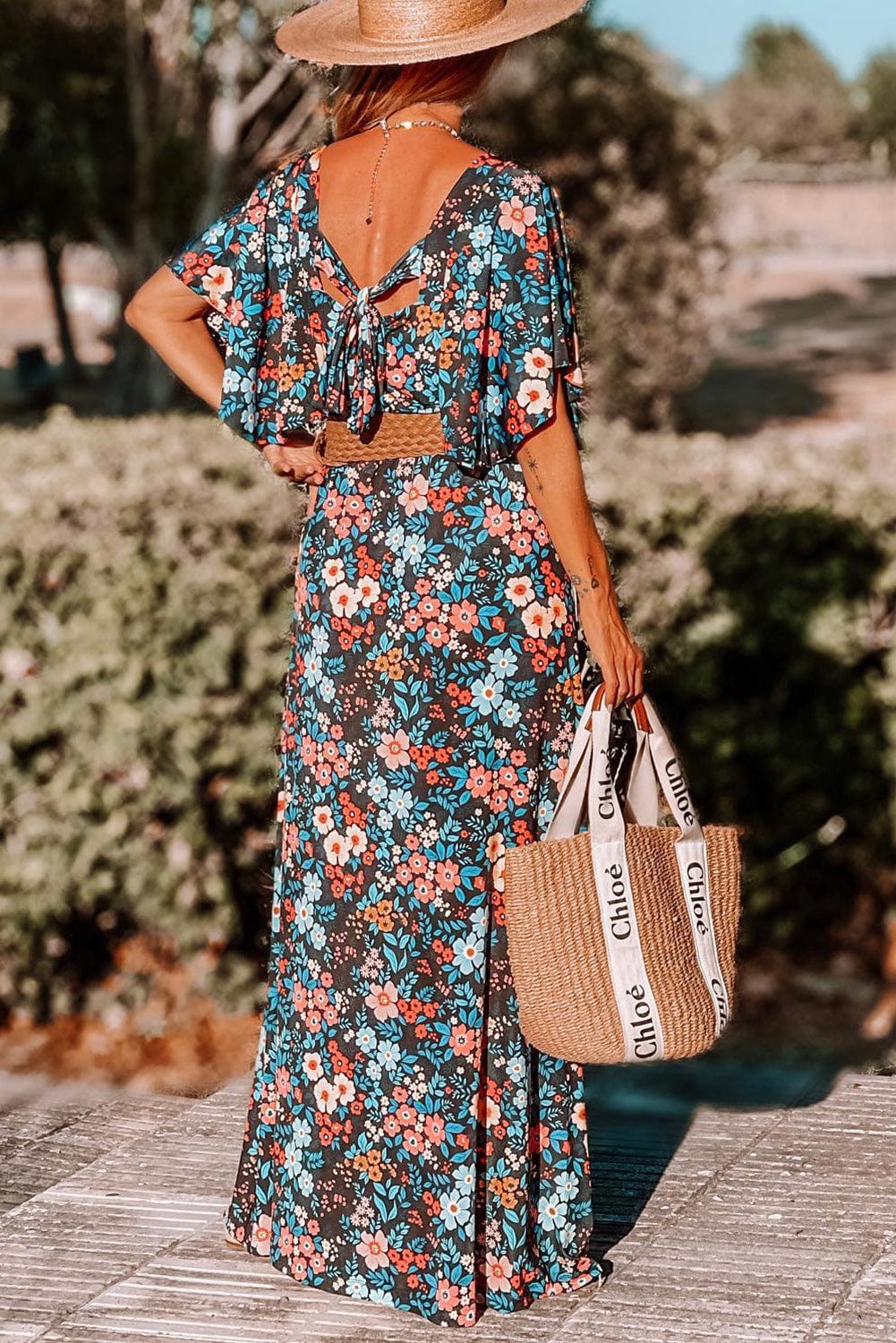 Floral Bohemian Maxi Dress with Knotted Back Detail