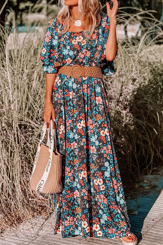 Floral Bohemian Maxi Dress with Knotted Back Detail