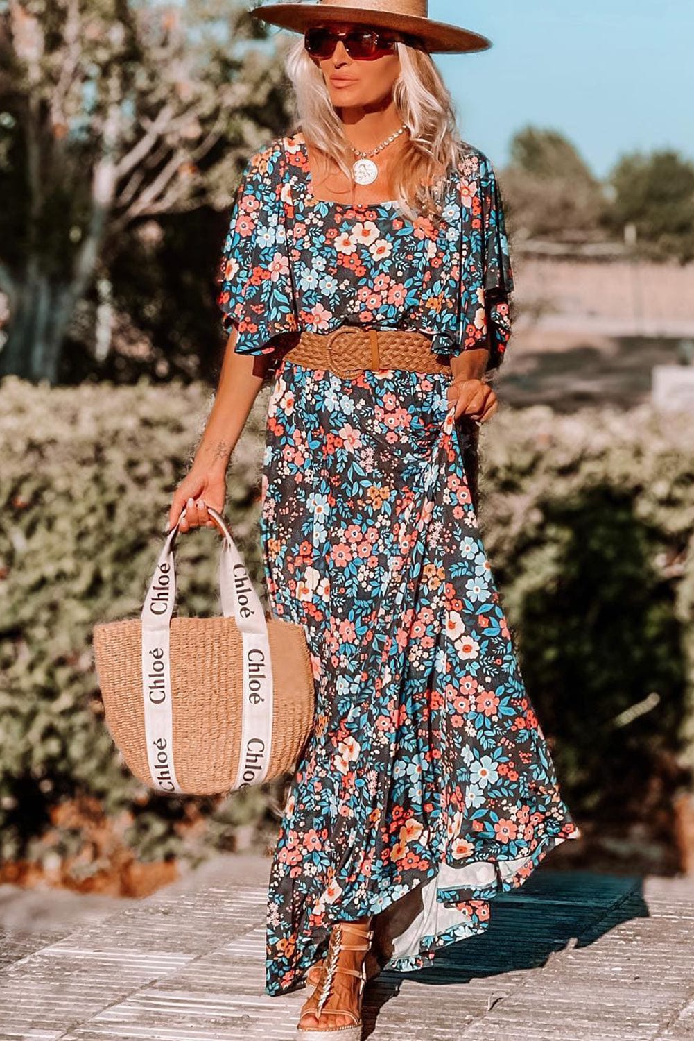 Floral Bohemian Maxi Dress with Knotted Back Detail