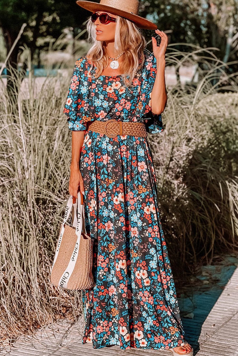 Floral Bohemian Maxi Dress with Knotted Back Detail
