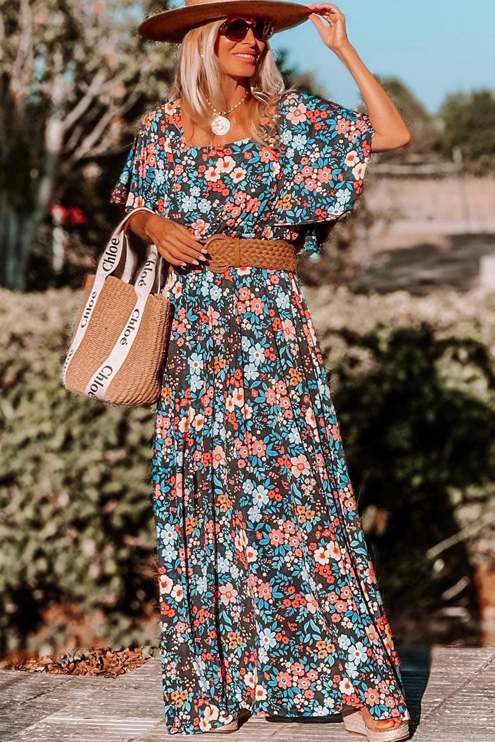 Floral Bohemian Maxi Dress with Knotted Back Detail