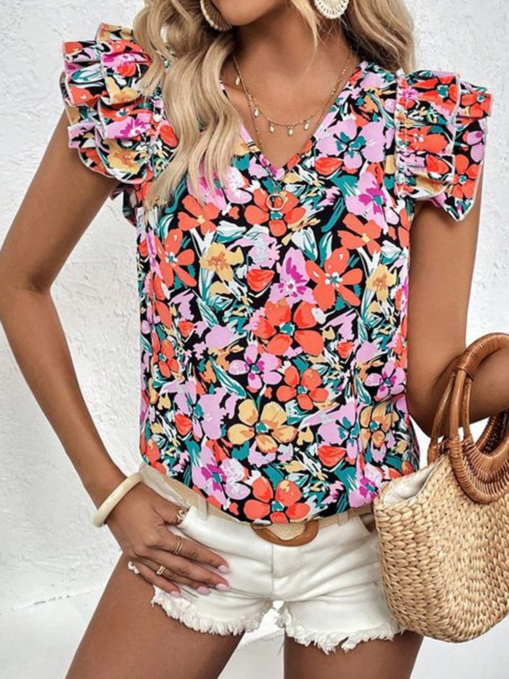 Floral Boho Tiered Ruffle Sleeve Top